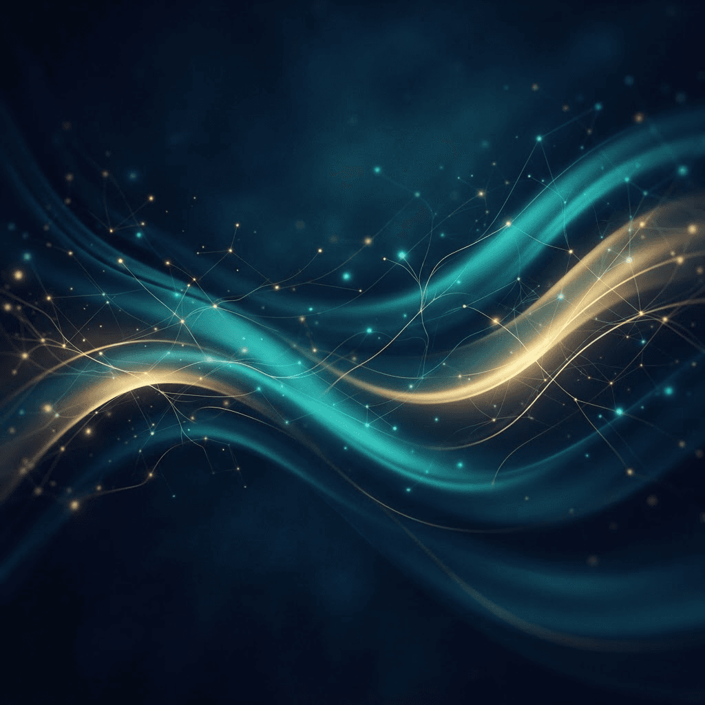 Abstract gradient with interconnected nodes representing AI orchestration across government agencies
